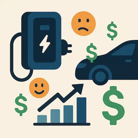 Vector graphic showing EV charger, car, dollar signs, graph, and emoticons representing the cost factors of electric vehicle charger installation in Perth