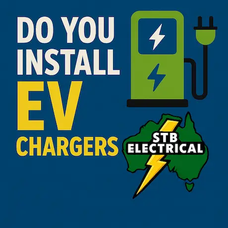 Promotional graphic showing EV charger, electric vehicle, and STB Electrical logo — representing licensed EV charger installations in Perth.