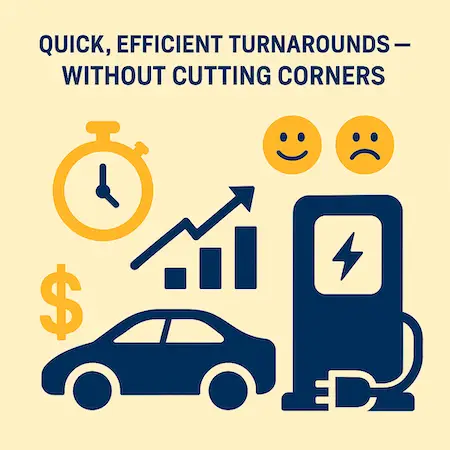 Vector graphic showing stopwatch, EV charger, car, dollar sign, and bar graph — representing fast EV charger installation services by Perth electricians