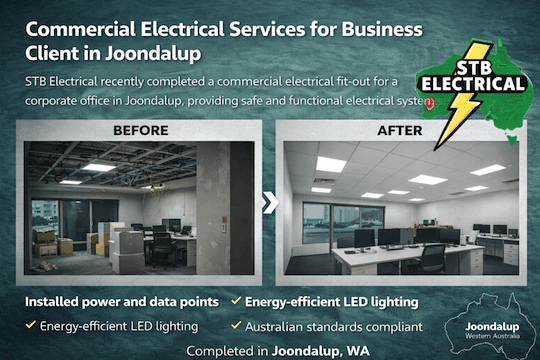 Commercial electrical fit out completed by STB Electrical in Joondalup Western Australia installing power outlets data points and LED lighting