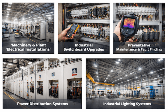 Industrial electrical services in Perth including machinery wiring switchboards maintenance power distribution and lighting systems