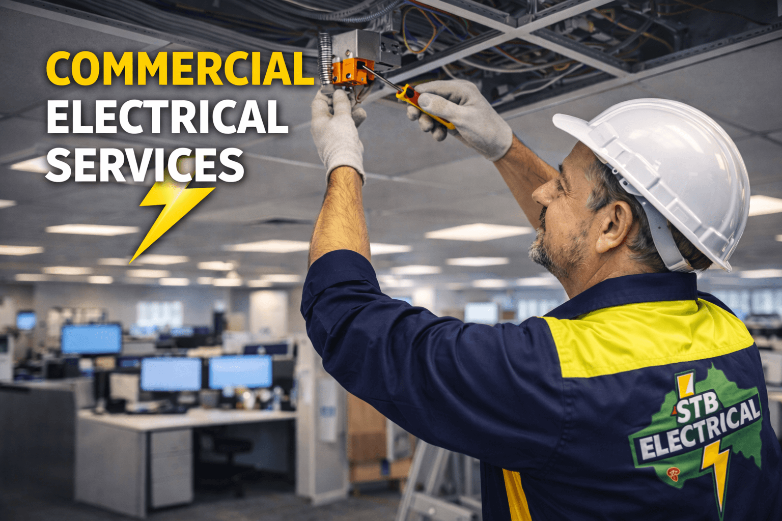 Steve Booth working on commercial electrical installation in Perth office