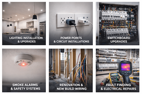 Residential electrical services in Perth including lighting power points switchboards smoke alarms wiring and repairs