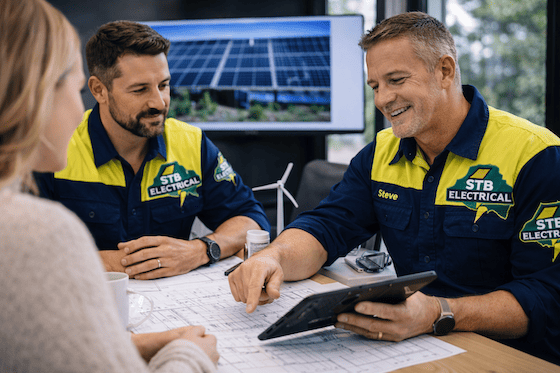 STB Electrical team reviewing electrical plans and modern energy solutions in Perth