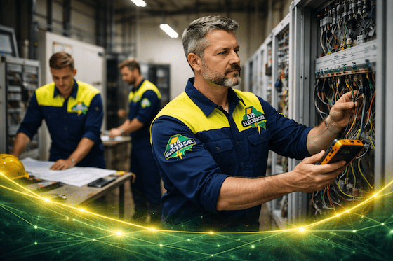 STB Electrical team working on electrical systems representing company mission and standards in Perth