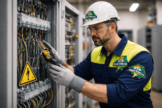 STB Electrical electrician following strict safety procedures on an electrical job in Perth