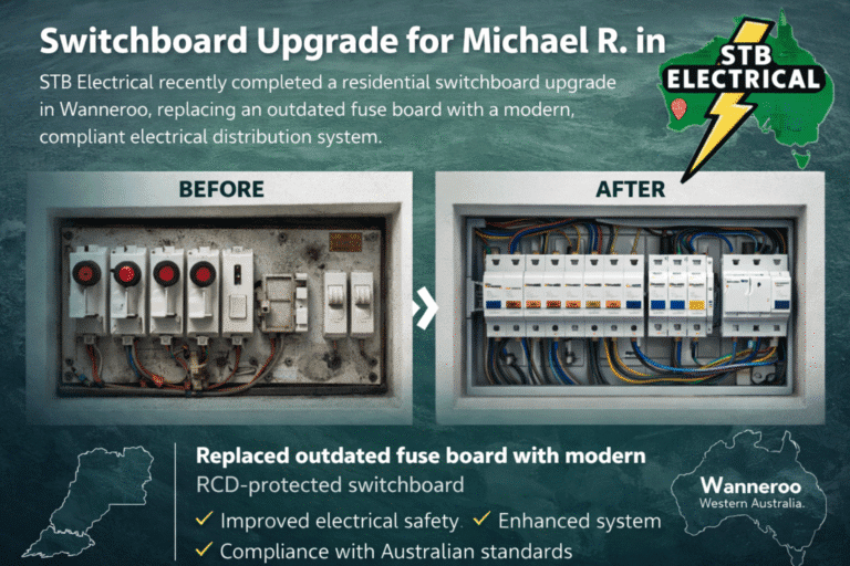 Residential switchboard upgrade completed by STB Electrical in Wanneroo Western Australia replacing outdated fuse board with modern RCD protected system